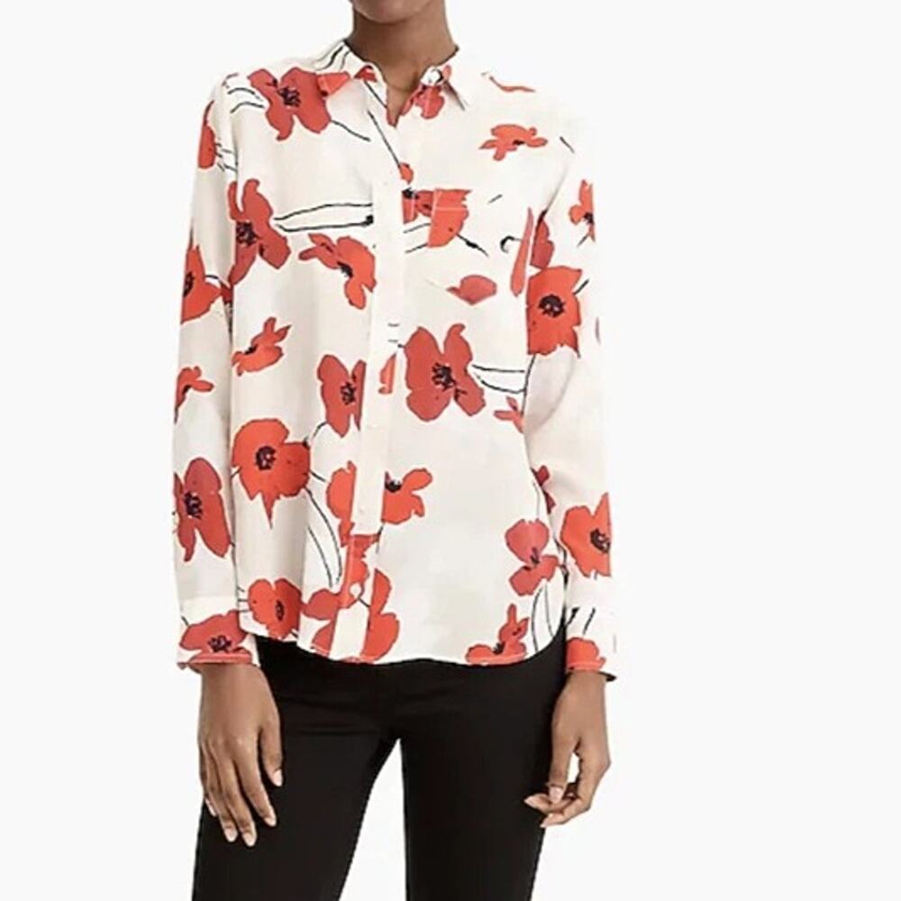 J.Crew Classic Fit Boy Shirt Silk Poppy Print Red Cream Floral Button Size 24